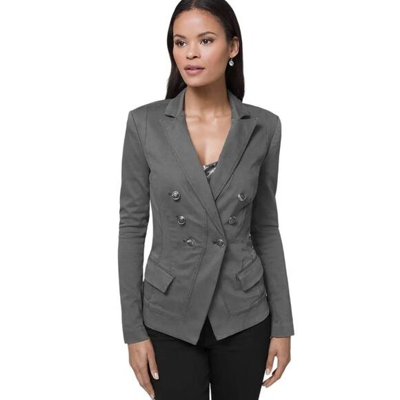 White House Black Market Double Breasted Trophy Jacket Blazer Size 14 Gray Twill - Picture 1 of 10